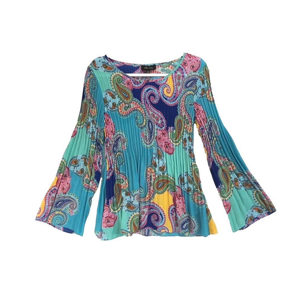 Melissa Paige Paisley Pleated Tunic Top L Teal Purple Boho‎ Hippie Bell Sleeves